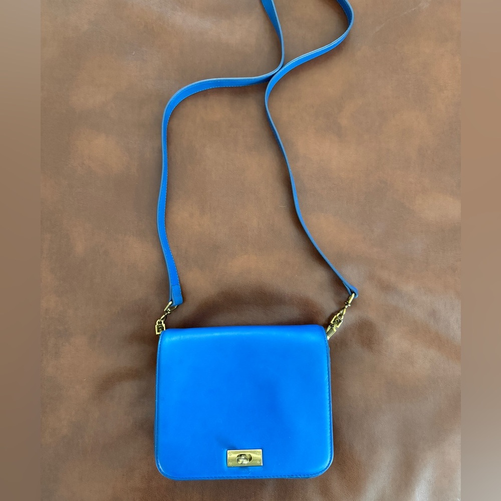 J Crew Blue Leather Crossbody Bag with Gold Hardware